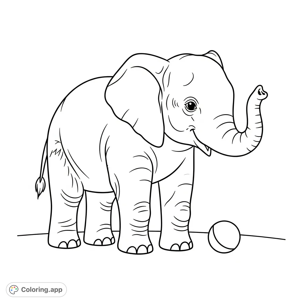 A charming baby elephant with its trunk playfully curled, stands beside a small ball, set against a simple backdrop. Perfect for a gentle coloring experience.