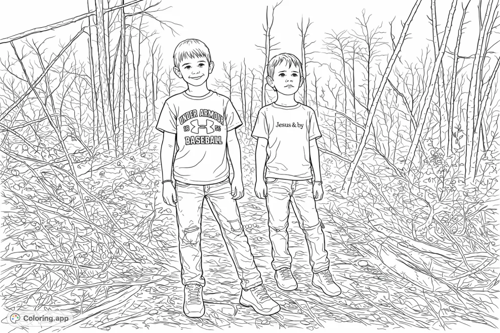 Explore this charming winter woodland coloring page featuring two boys amidst bare trees and fallen leaves, perfect for nature enthusiasts.