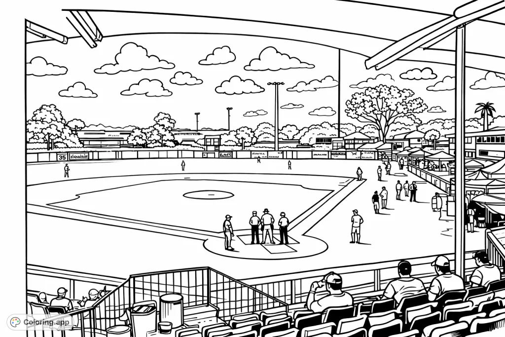 Step into the exciting atmosphere of a baseball game with this cartoony coloring page! Features players on the diamond, stadium seating, and a sunny sky.