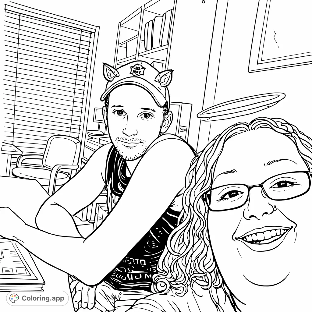 Capture a cheerful moment between two friends, featuring playful horn details on a cap and a halo, set in a cozy indoor scene. Perfect for creative expression.