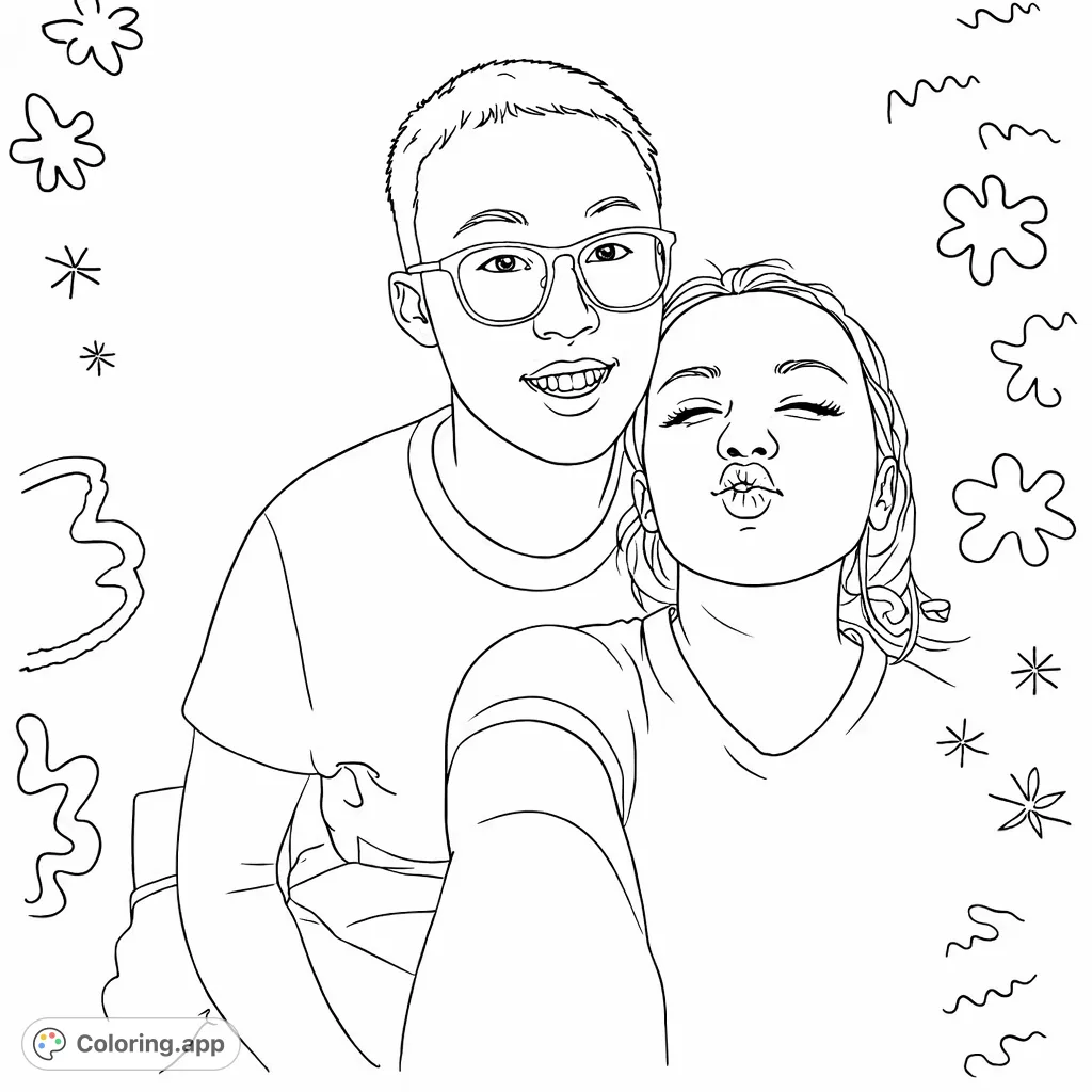 Capture a moment of playful connection with this selfie of two smiling individuals. Adorned with fun shapes, it's a delightful scene ready for your creative touch.