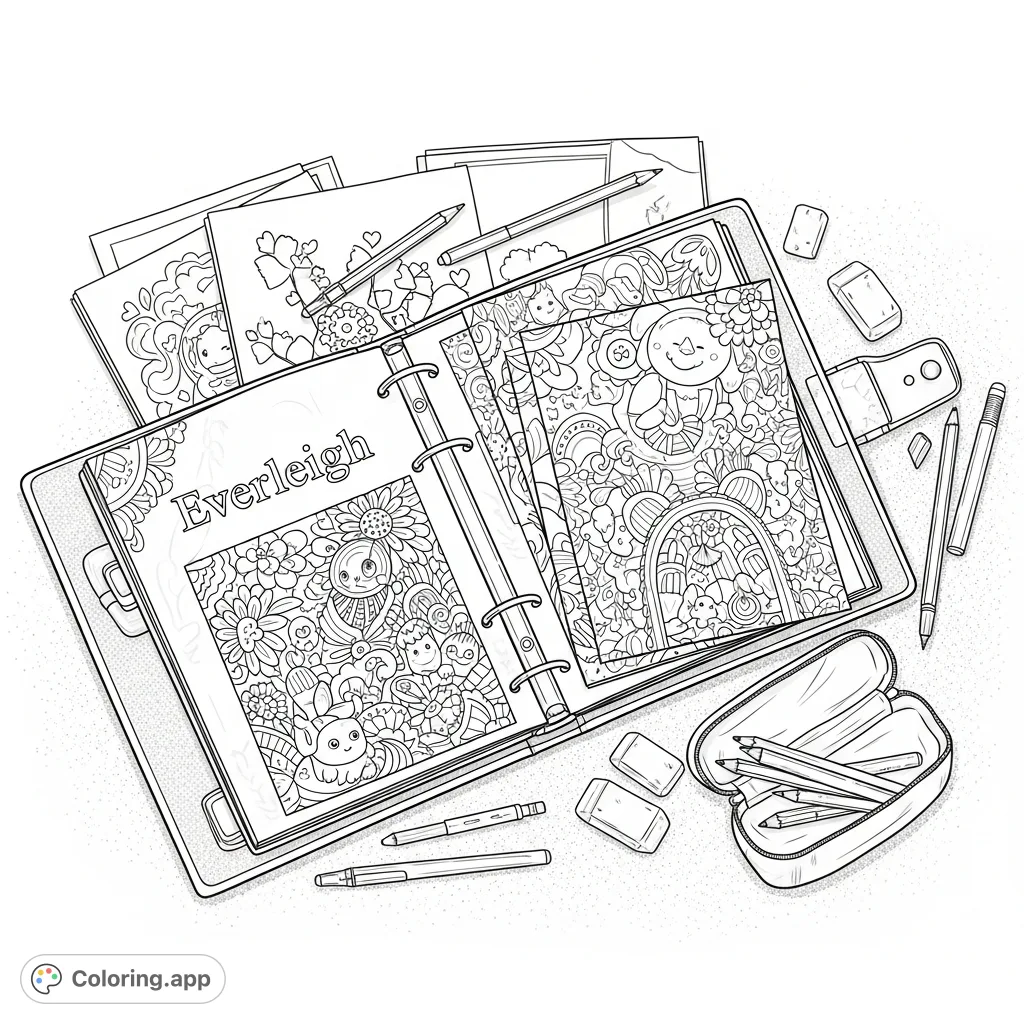 An engaging coloring page featuring Everleigh's open coloring binder, filled with detailed pages and surrounded by art supplies, ready for creative expression.