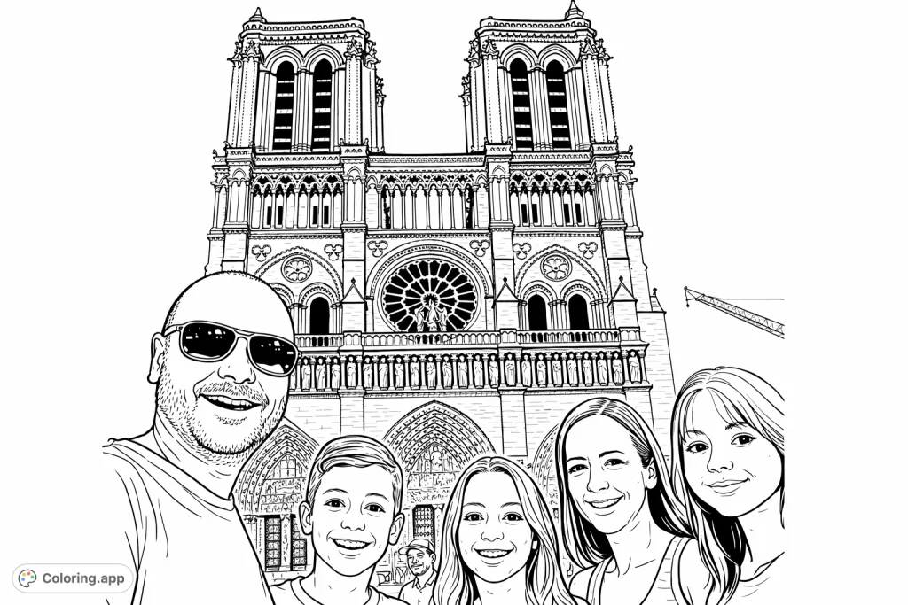 Explore the magnificent Notre Dame Cathedral facade, featuring its iconic rose window, twin towers, and intricate gothic details. A captivating architecture coloring page.