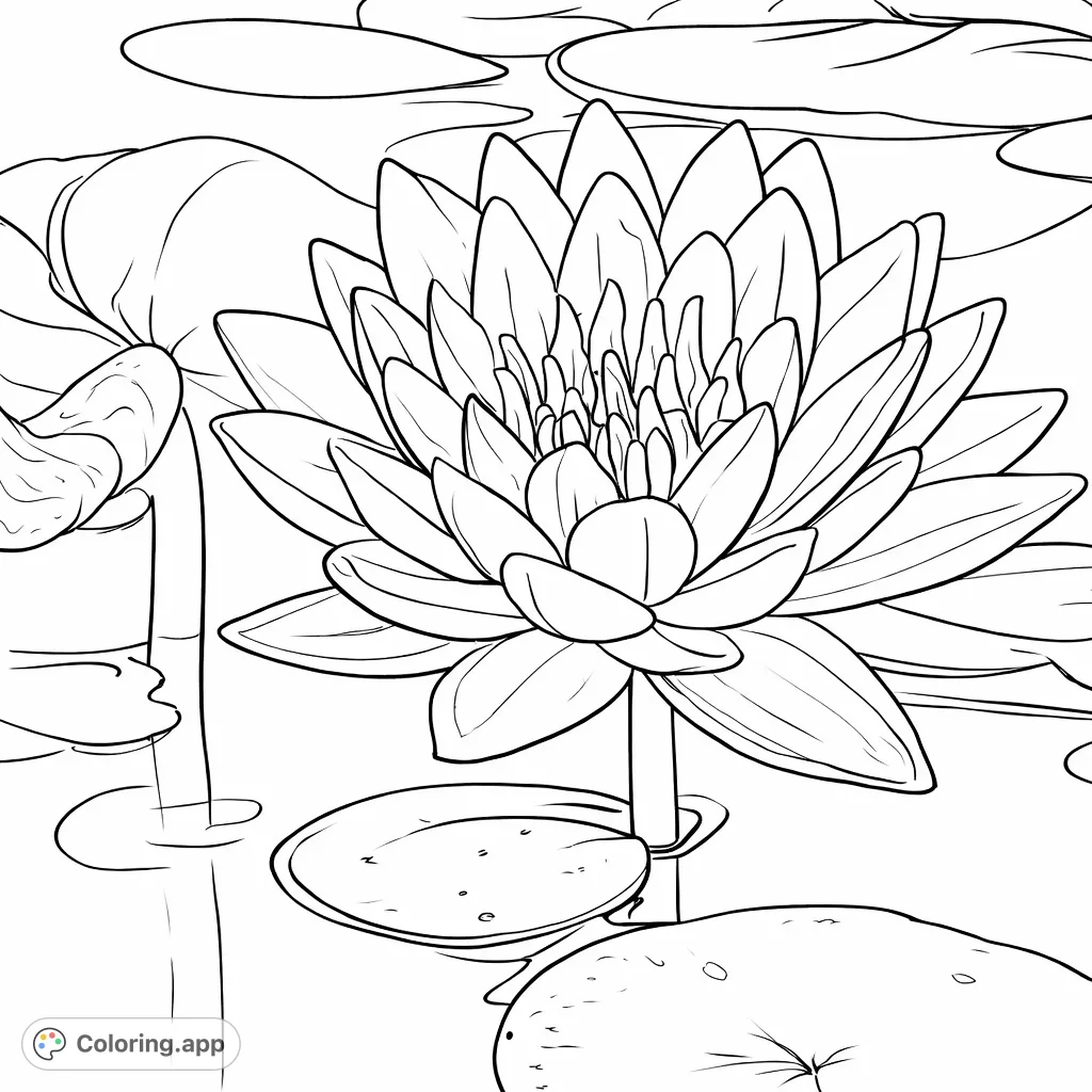 Discover serenity with this detailed water lily coloring page, featuring graceful petals and floating lily pads for a tranquil artistic escape.