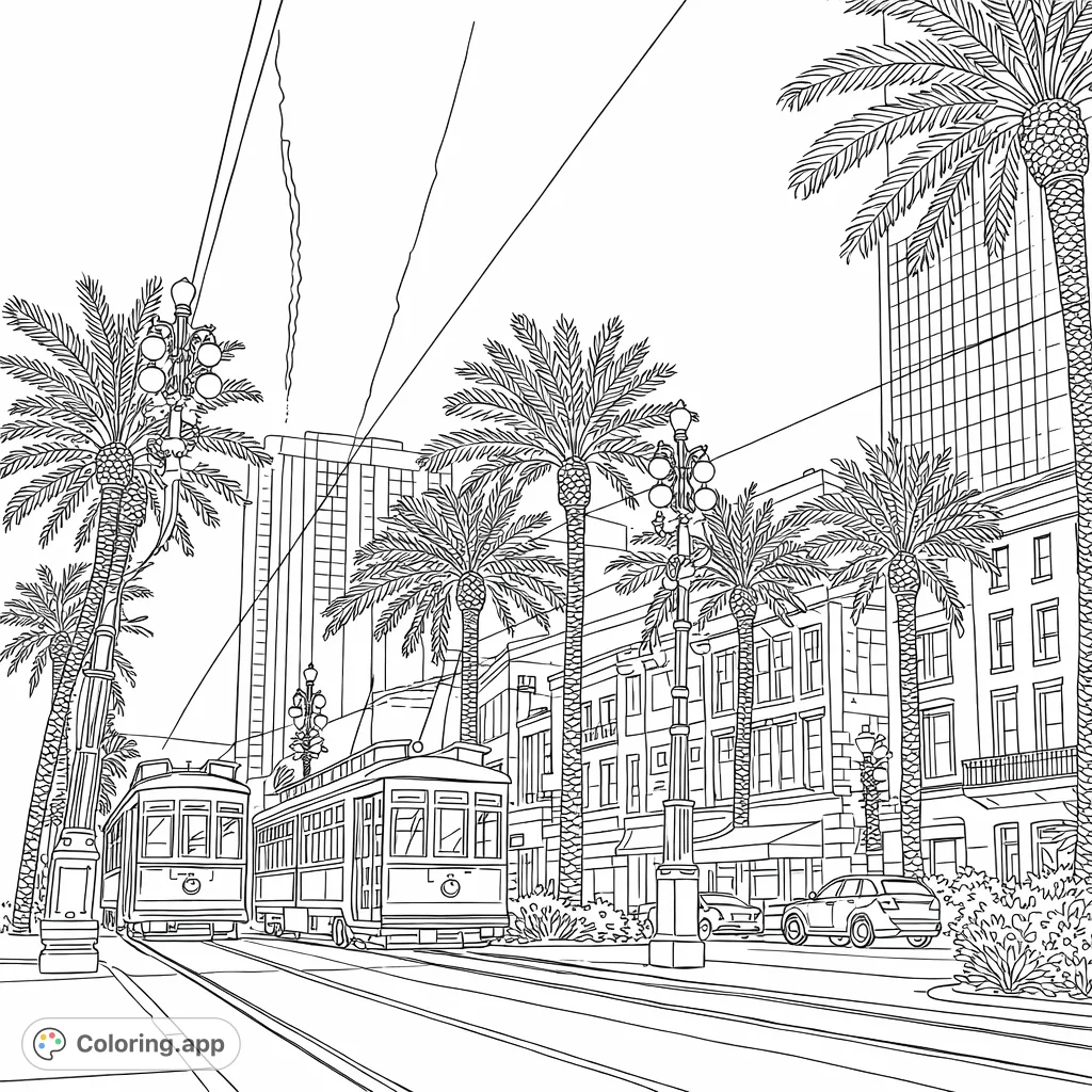 Explore a lively street scene with classic streetcars, swaying palm trees, and diverse architecture. A delightful urban landscape for creative expression.
