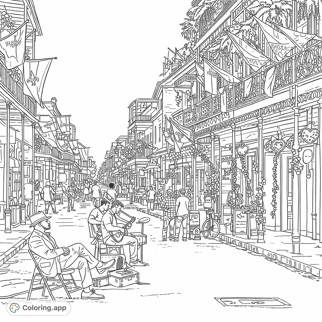 Explore a bustling city street adorned with flags and intricate balconies. Musicians perform as pedestrians stroll by, offering a detailed urban scene.