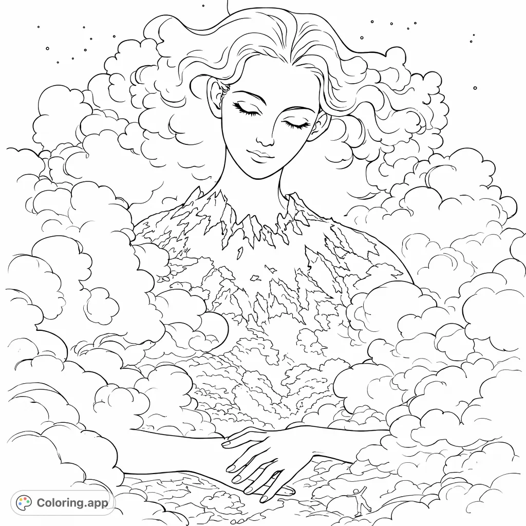 A peaceful Mother Earth figure with cloud-like hair and a body forming a terrestrial globe, surrounded by soft clouds and a starry sky.
