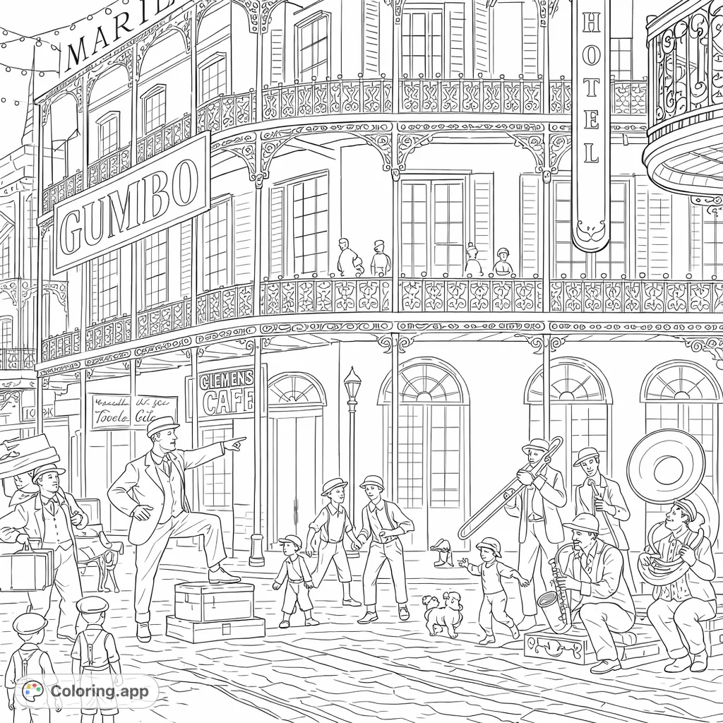 Step into a lively New Orleans street scene, complete with a jazz band, dancing children, and intricate historic architecture. A vibrant performance awaits your creative touch!