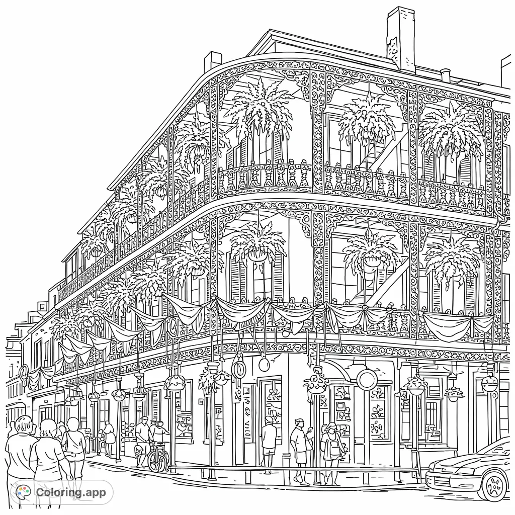 Discover an ornate multi-story building featuring intricate cast iron balconies, lush hanging foliage, and festive garlands in a lively street scene.