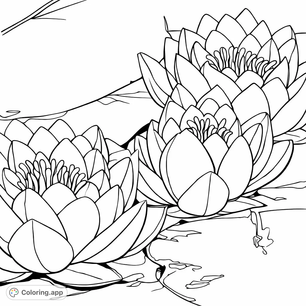 Immerse yourself in the tranquility of nature with this exquisite water lily coloring page, featuring detailed blossoms and broad lily pads for a calming artistic escape.