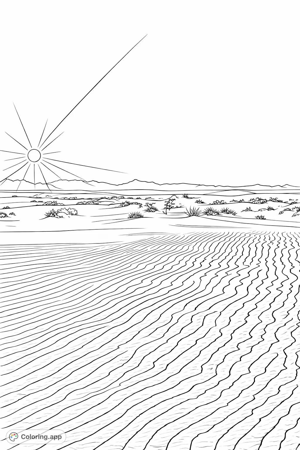 A serene desert landscape coloring page featuring wavy sand dunes, sparse vegetation, distant mountains, and a solitary figure under a vast, radiant sky.