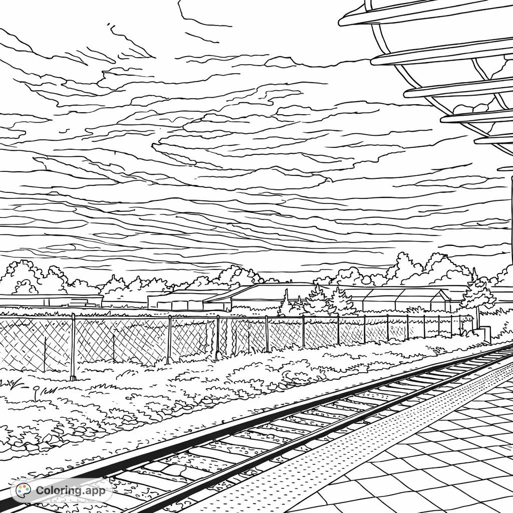 Capture a dramatic railway scene with intricate tracks, a textured platform, distant industrial buildings, and a striking cloudy sky. Perfect for urban landscape enthusiasts.