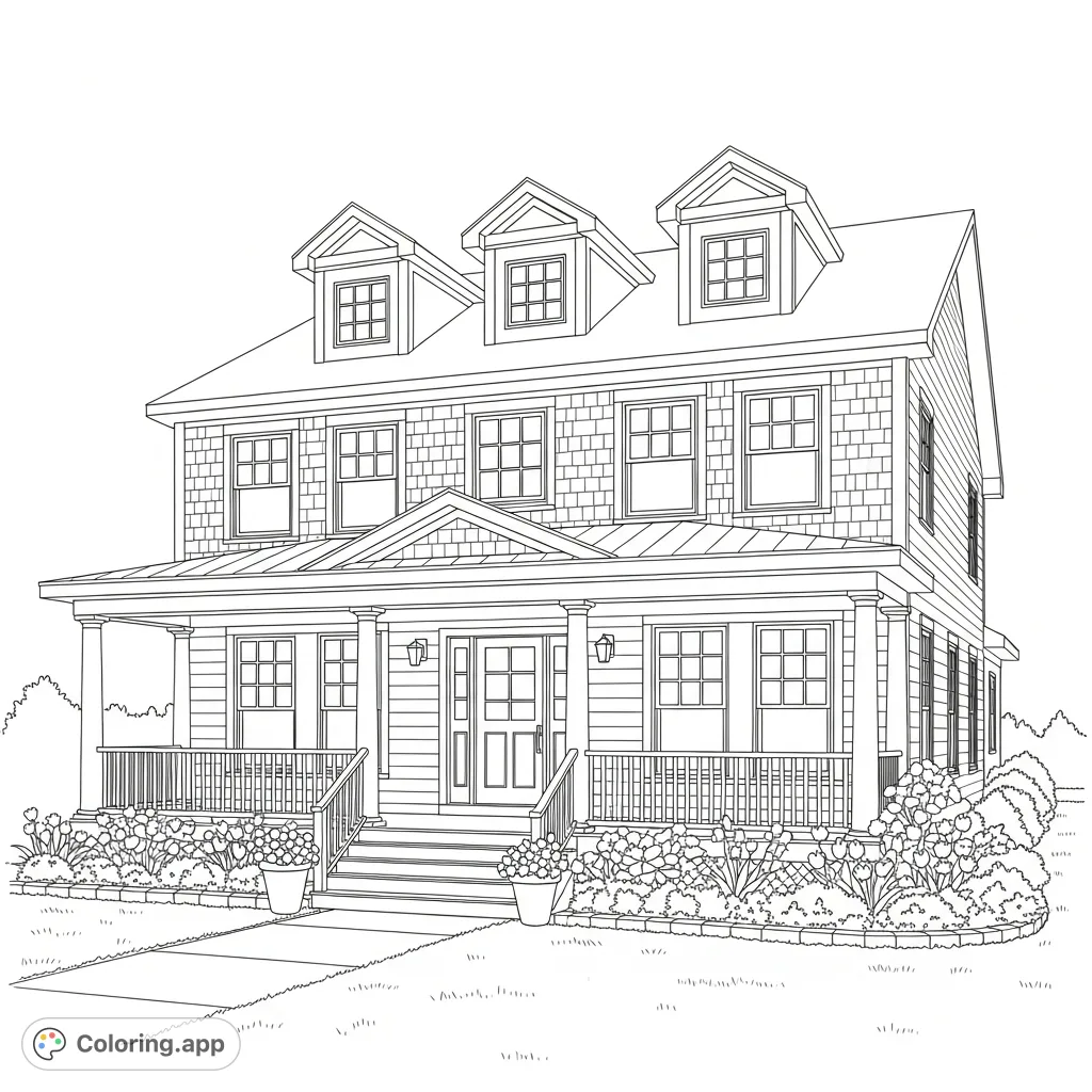 Discover a charming, cozy home coloring page featuring a welcoming front porch, dormer windows, and lush garden flowers. A delightful artistic escape.