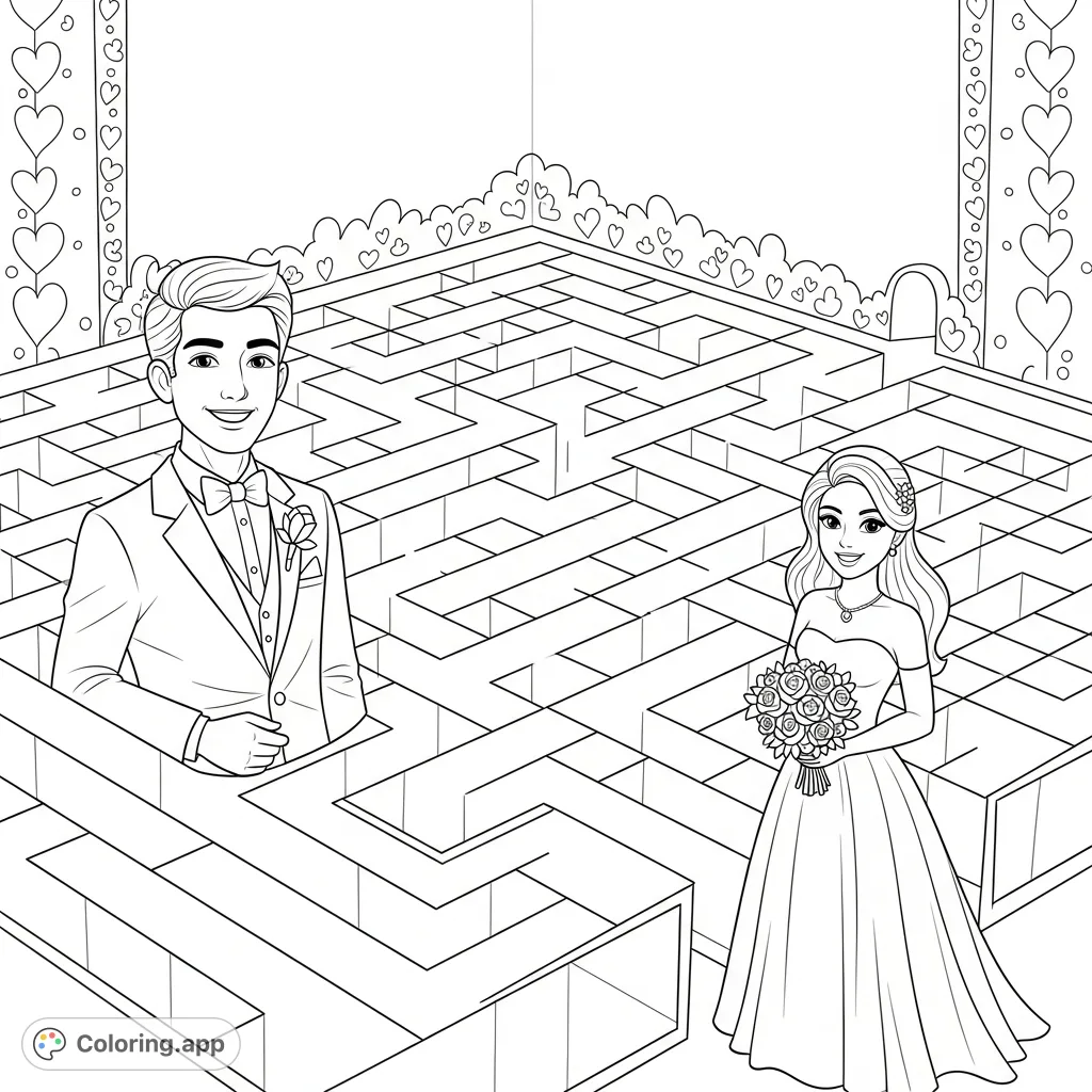 A charming wedding-themed maze for Pre-K kids, guiding a dapper groom to his radiant bride. Perfect for developing fine motor skills and problem-solving.