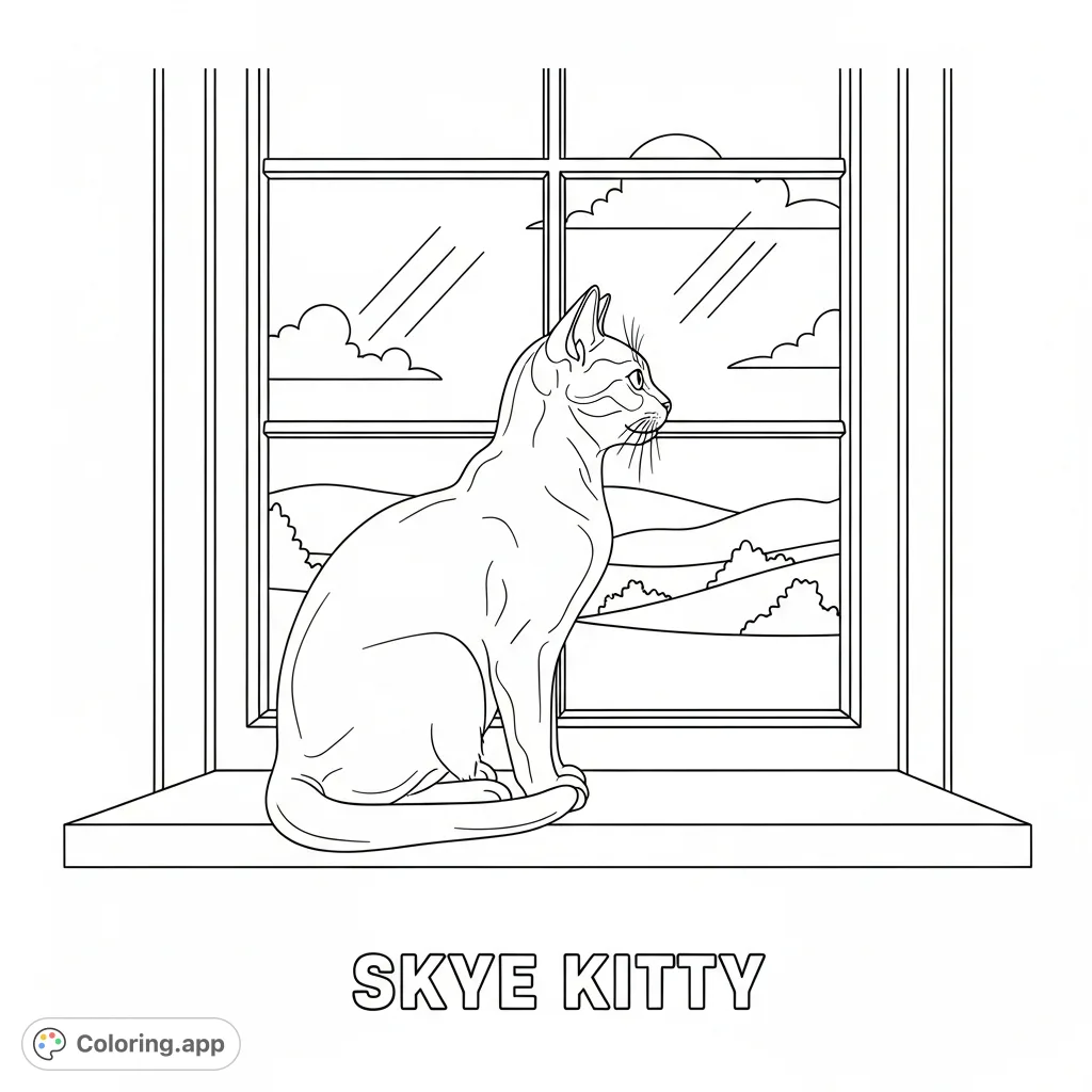 A charming short-haired cat named Skye Kitty sits peacefully on a window ledge, gazing outwards. This cozy scene invites calm and creative coloring.