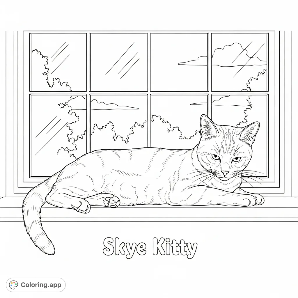 A peaceful Skye Kitty lounges gracefully on a sun-drenched window sill, overlooking a serene outdoor scene. Perfect for cat lovers to unwind and color.