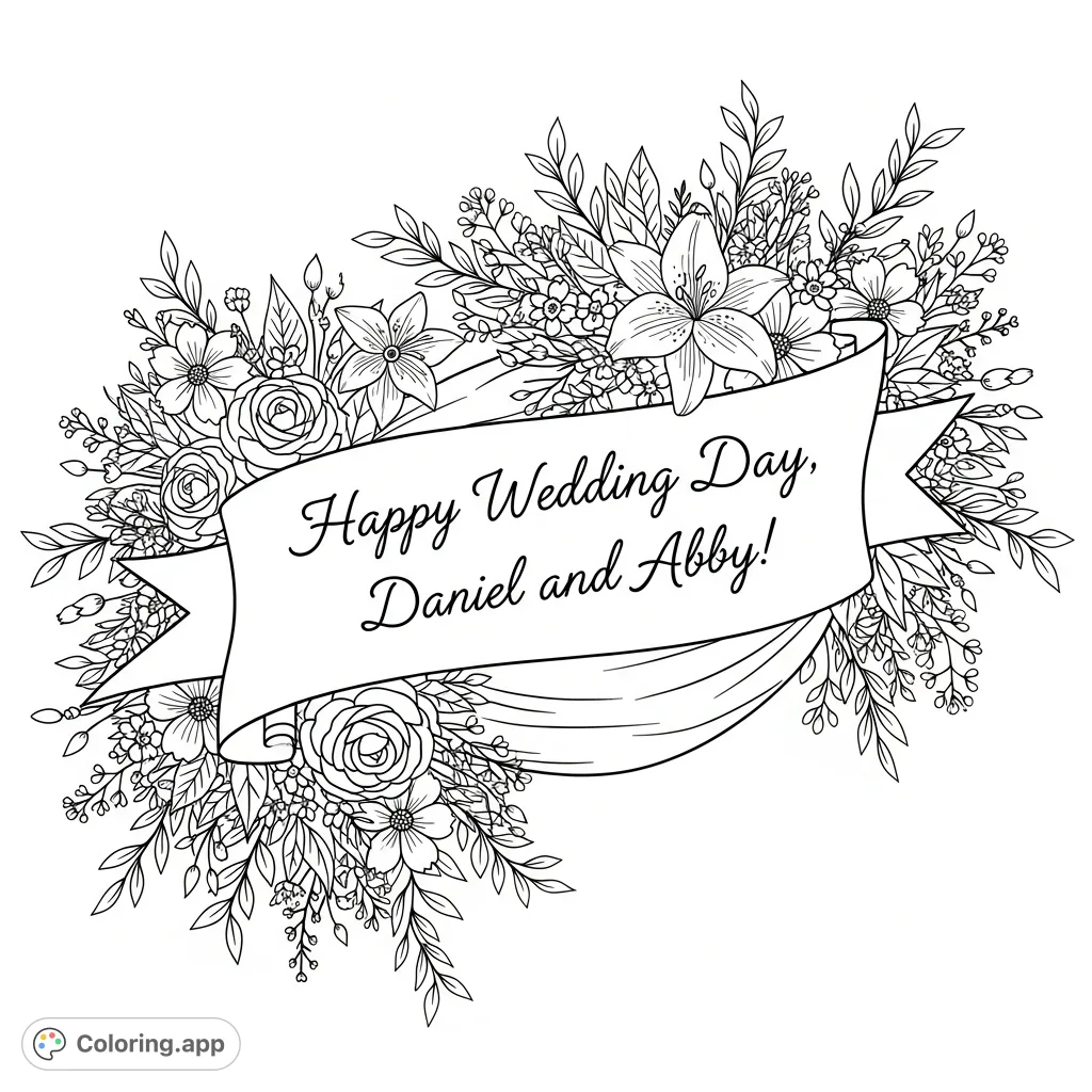 Celebrate "Happy Wedding Day, Daniel and Abby!" with this beautiful flowery banner coloring page. Adorned with roses, lilies, and vines, it's perfect for a special couple.