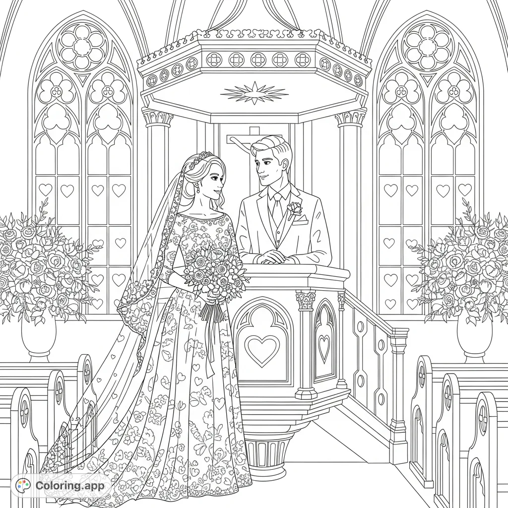 Discover love in this charming wedding hidden pictures coloring page, featuring a bride, groom, and numerous hearts subtly integrated into the detailed scene.