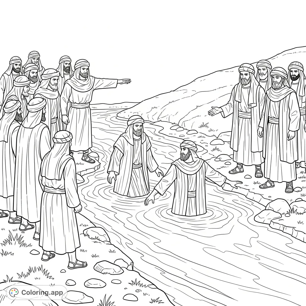 Explore an ancient Israelite river crossing, where men face a challenge to pass, guarded by others. A scene of historical confrontation and passage.