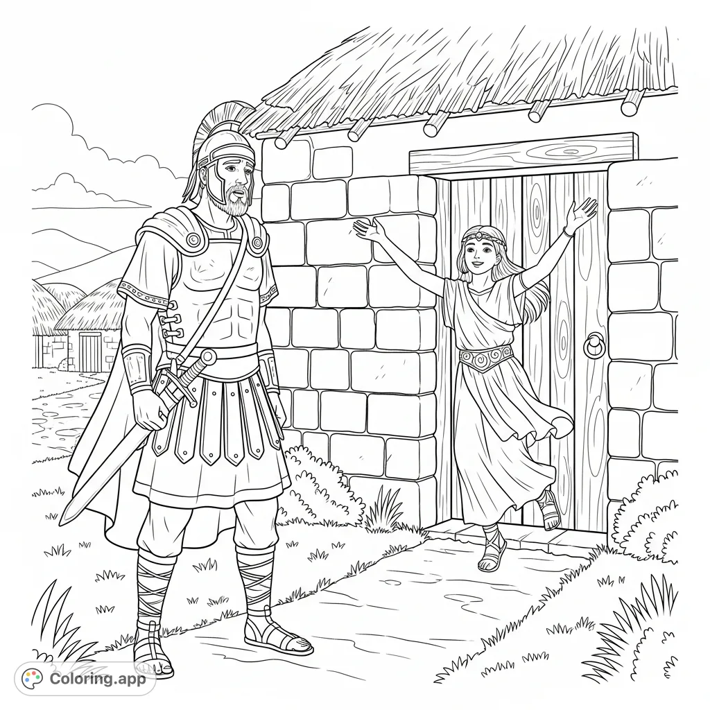 A heartfelt Ancient Israelite soldier coloring page capturing a warrior's return home, met by his jubilant teenage daughter outside their stone dwelling.