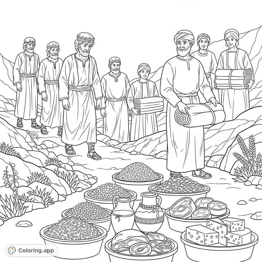 King David and his weary men receive sustenance from a kind aged man in the wilderness. A scene of ancient solace and provision, ideal for reflection.