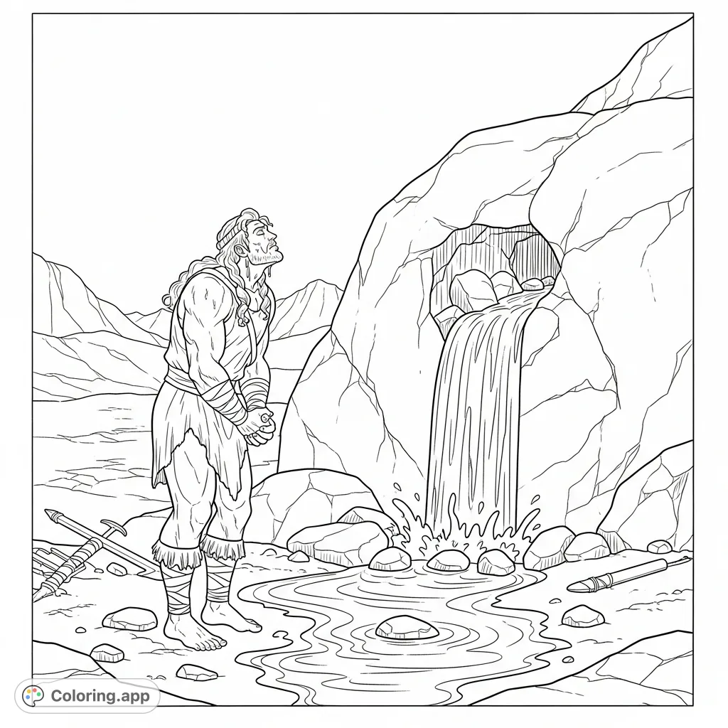 Depicts Ancient Israelite strongman Samson, weary and praying in a dry land, as water miraculously gushes from a rock at Lehi to quench his thirst.