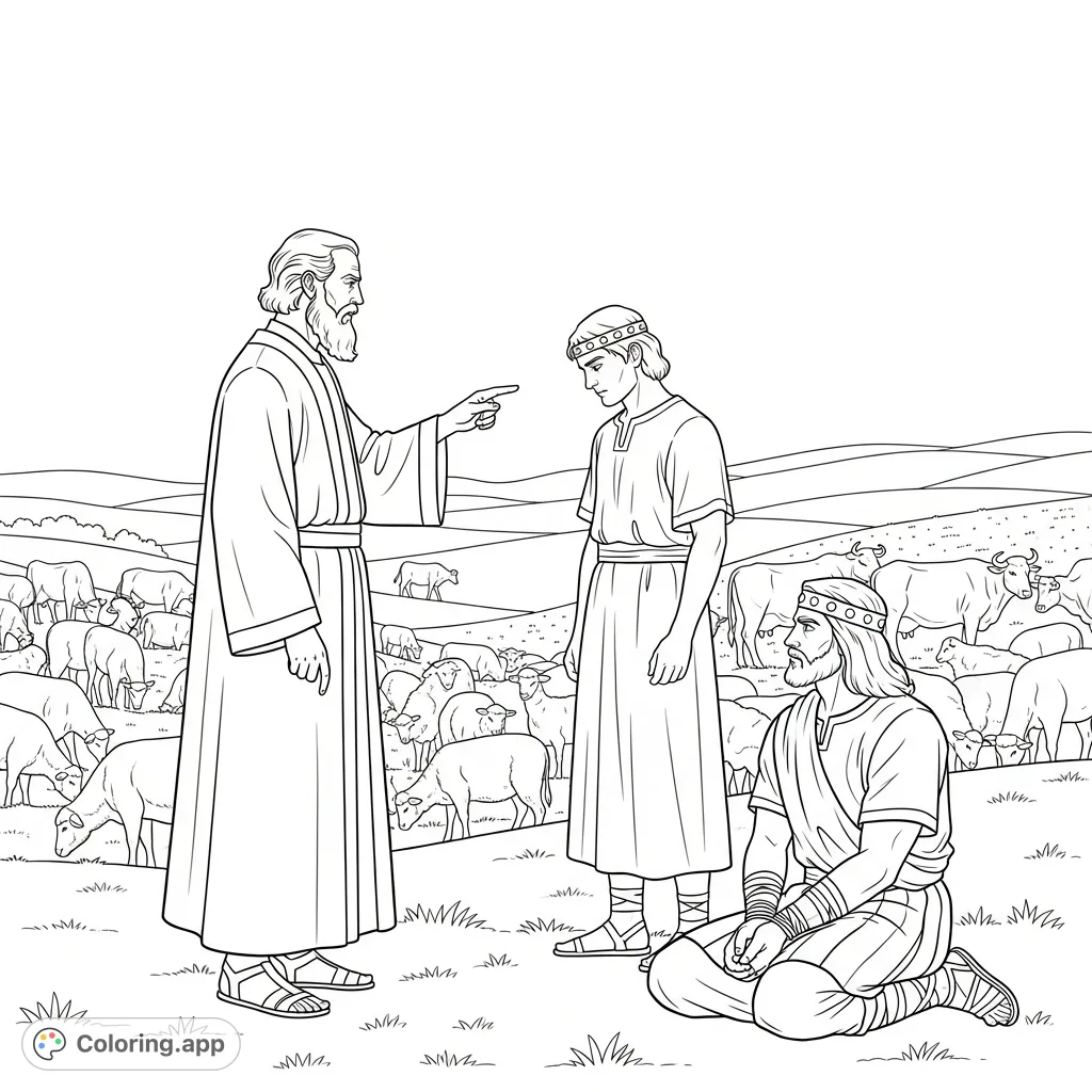 Witness a powerful biblical moment: Prophet Samuel rebukes King Saul, with the Amalekite king nearby and livestock in a serene, detailed pastoral landscape.