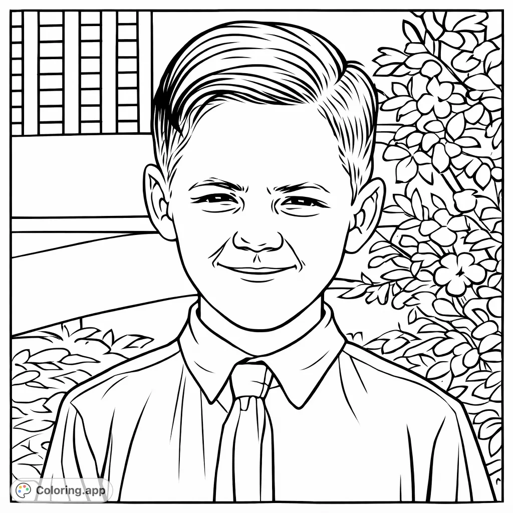 Capture the joyful spirit of a young boy with a cheerful smile, neatly dressed in a collared shirt and tie, set against a classic background.