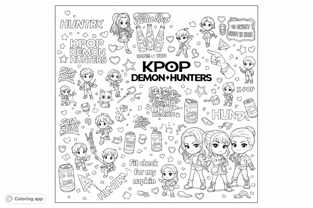 An energetic K-Pop Demon Hunters coloring page featuring a collage of chibi characters, pop icons, musical notes, and stylized elements for fans.