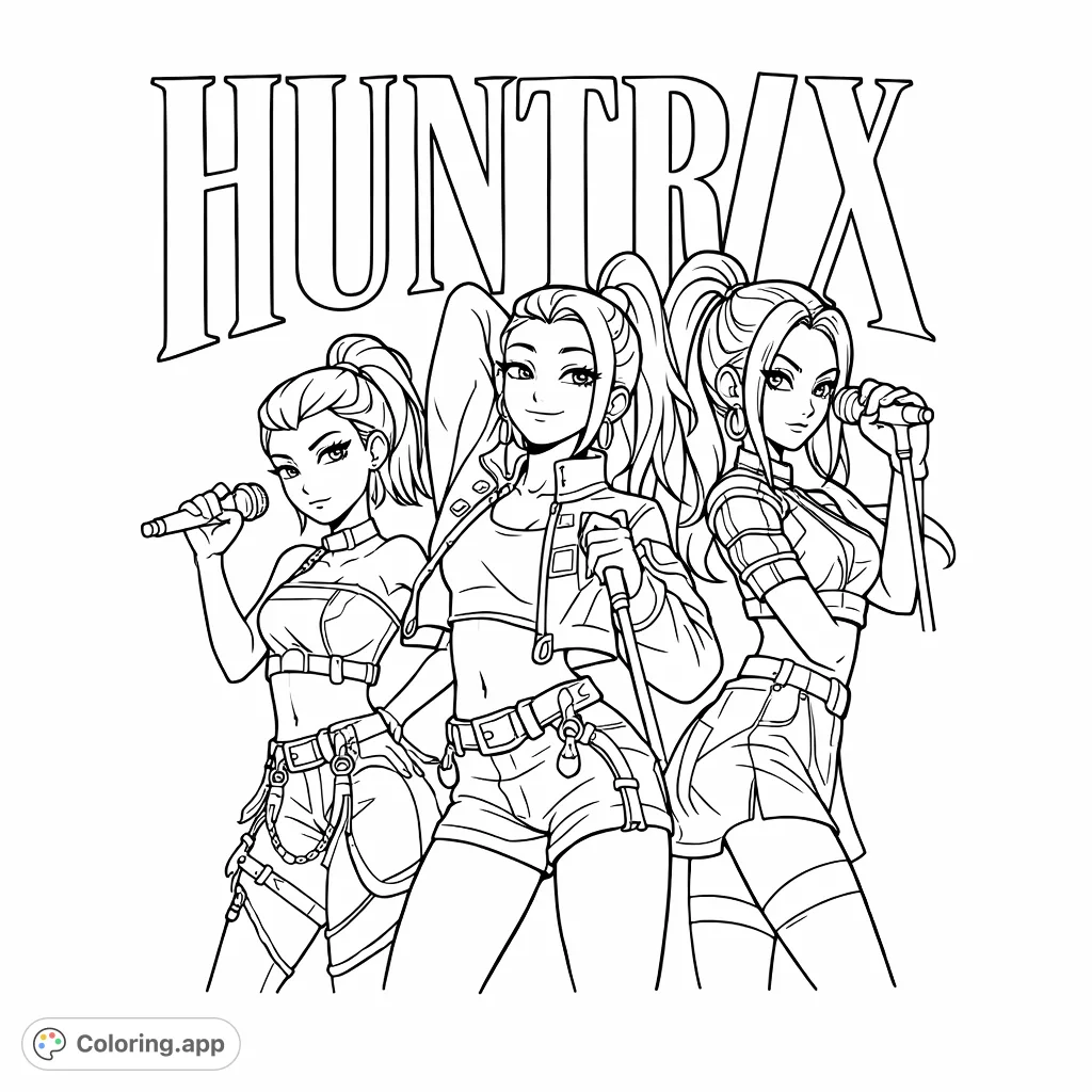 Dive into the world of music with this energetic pop group trio coloring page! Featuring bold outlines and a cartoony style, it's a free printable for music lovers.