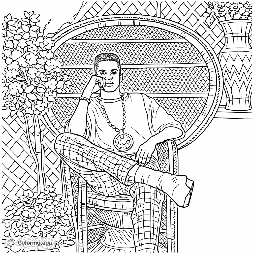 A relaxed figure in a striking woven peacock chair, adorned with a large medallion, surrounded by a leafy plant and patterned screens, offering a distinctive scene to color.