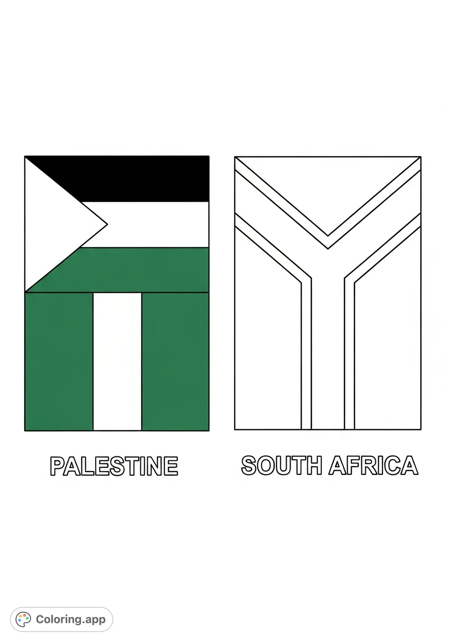 Discover and color the flags of Palestine and South Africa! A free printable coloring page perfect for learning about world flags and geography.