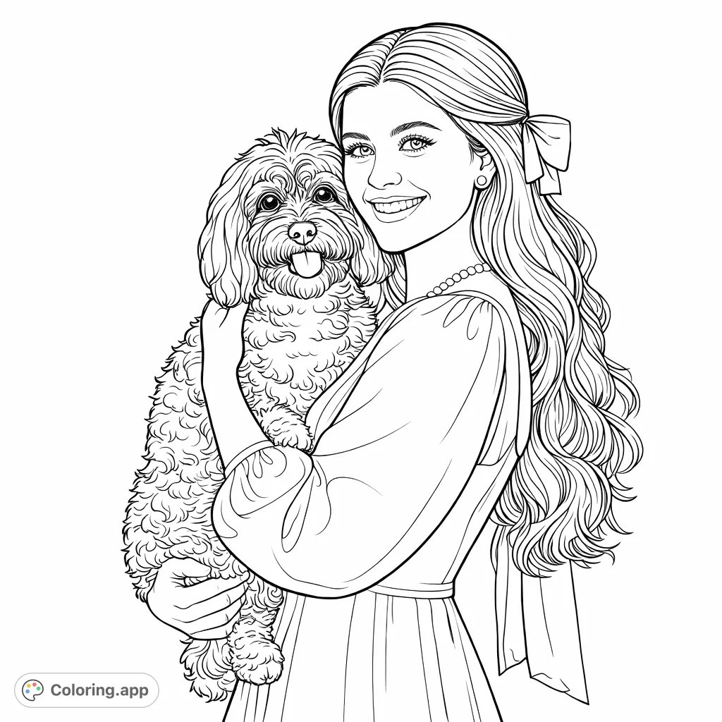 Capture the heartwarming bond between a young woman and her fluffy companion in this highly detailed portrait coloring page. Perfect for pet lovers.