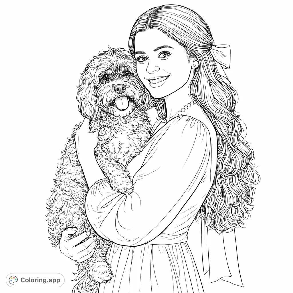 Capture a moment of happiness with a young woman lovingly holding her fluffy dog. This detailed coloring page features flowing textures, intricate fur, and genuine smiles.