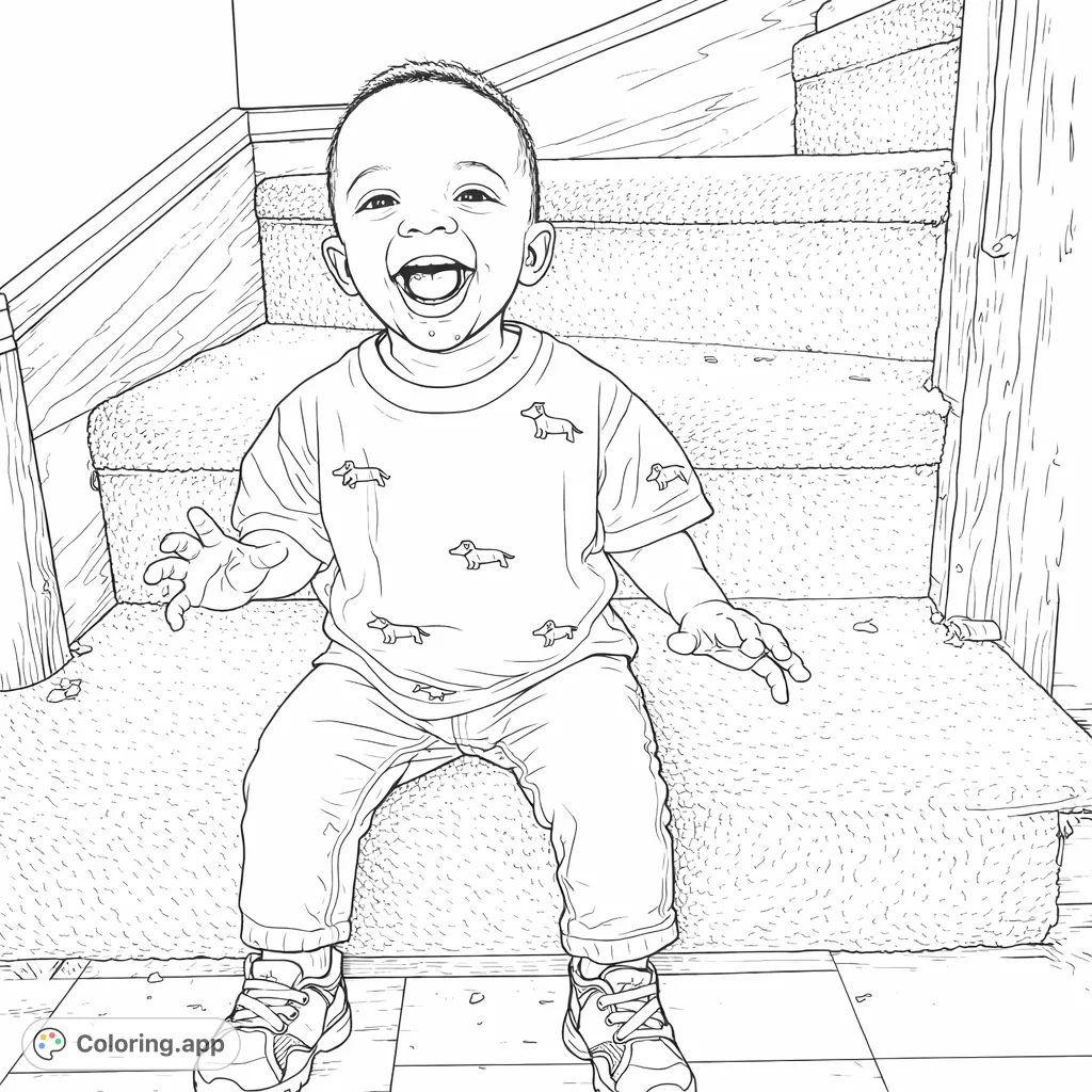 A delightful coloring page featuring a laughing child seated on a carpeted staircase, wearing a patterned shirt. Perfect for capturing joyous moments!
