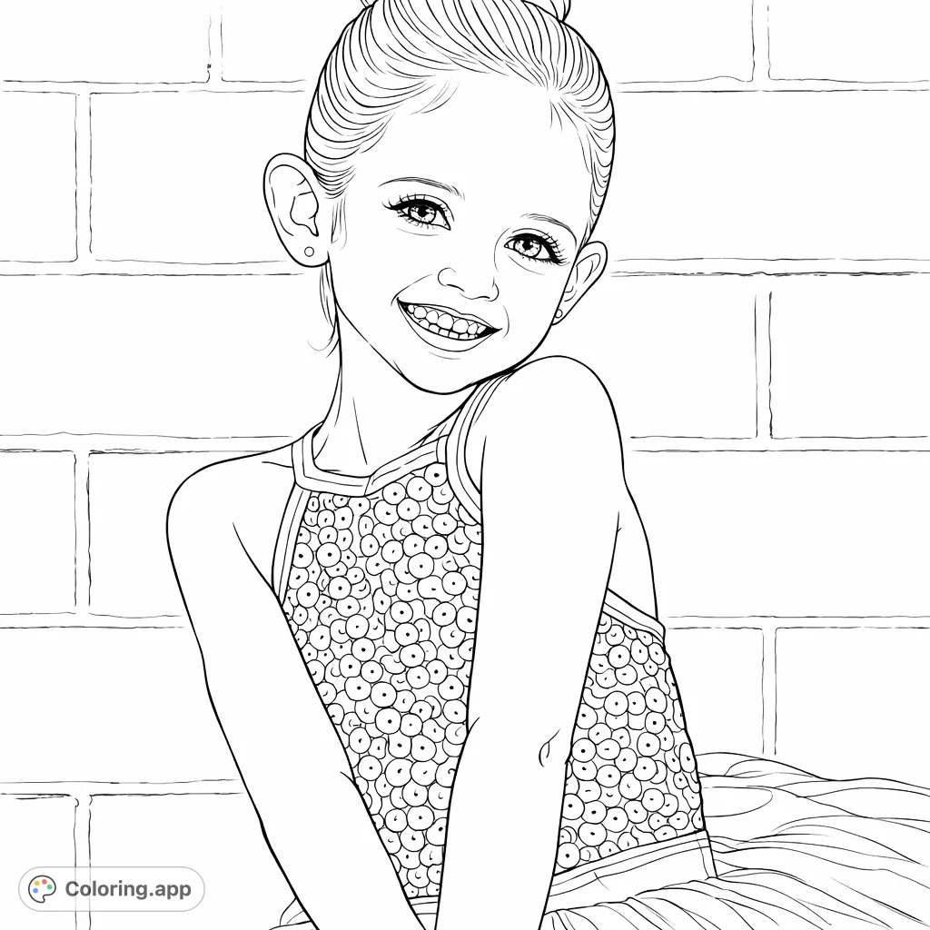 A joyful young girl in a dazzling sequined costume, ready for fun. This free printable performance coloring page captures her beaming smile and energetic pose.