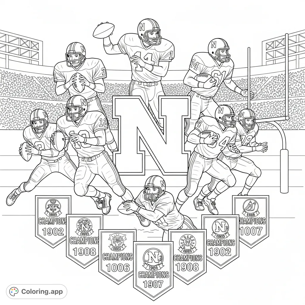 A detailed Nebraska Cornhusker Football coloring page featuring the iconic 'N' logo, legendary players in action, and memorable championship years. Perfect for fans!
