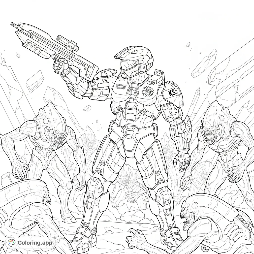 A detailed Halo coloring page featuring a Kansas-inspired Spartan battling grotesque Flood forms amidst a chaotic, battle-damaged landscape. Perfect for fans!