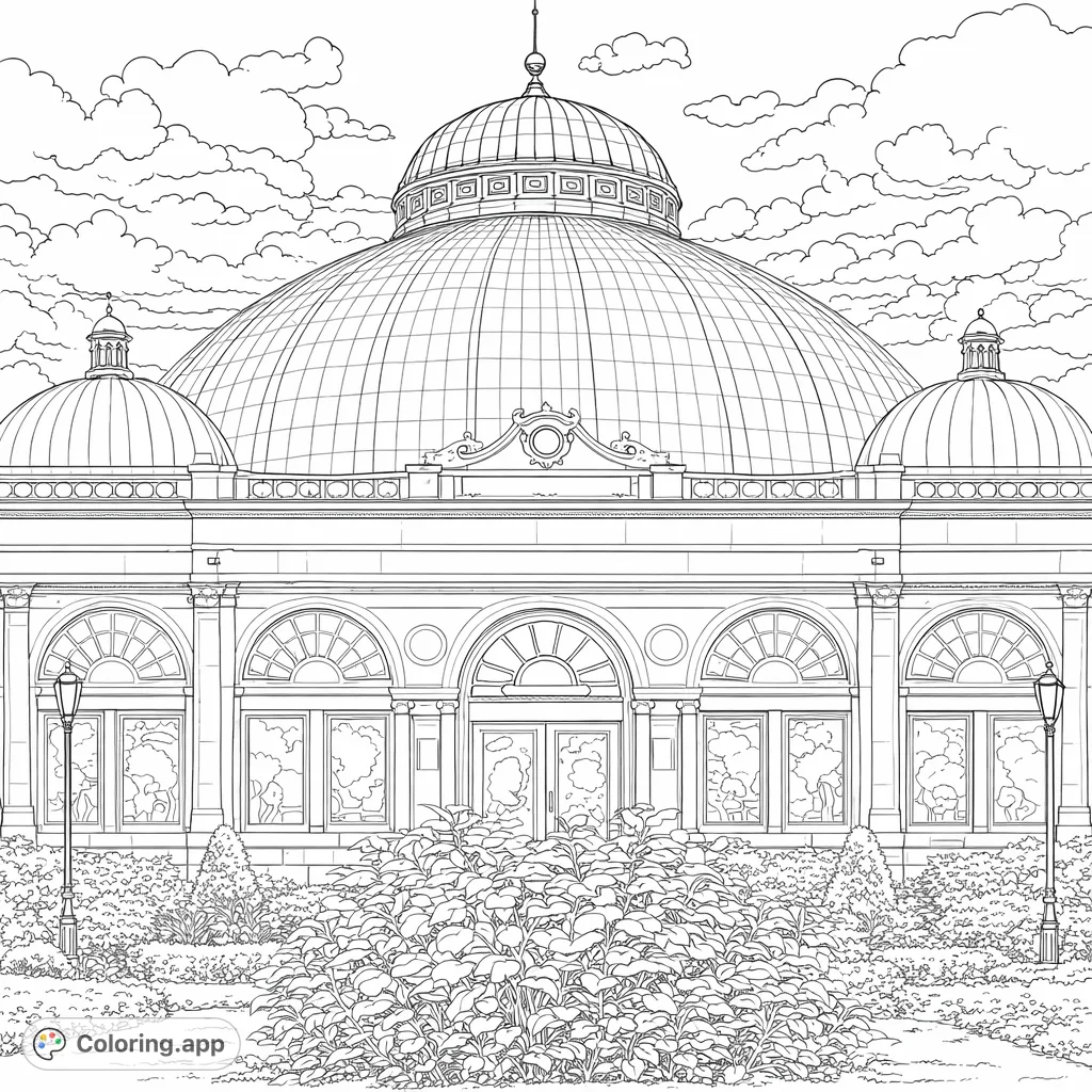 Explore this detailed conservatory coloring page featuring a magnificent domed structure, ornate facade, and lush garden under a beautiful sky. Free printable coloring page.