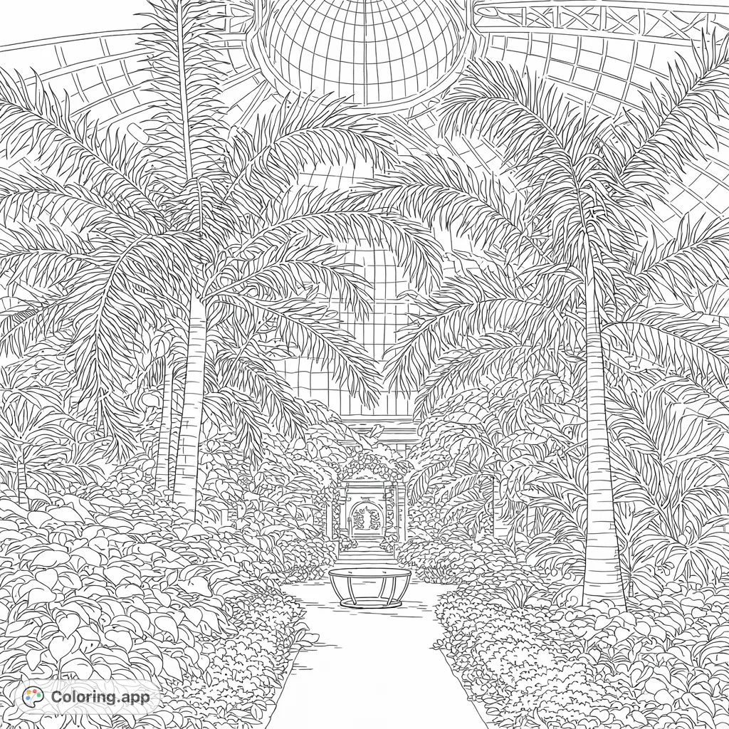 Immerse yourself in a grand conservatory featuring lush tropical plants and an intricate glass dome. A realistic, detailed coloring page for nature enthusiasts.