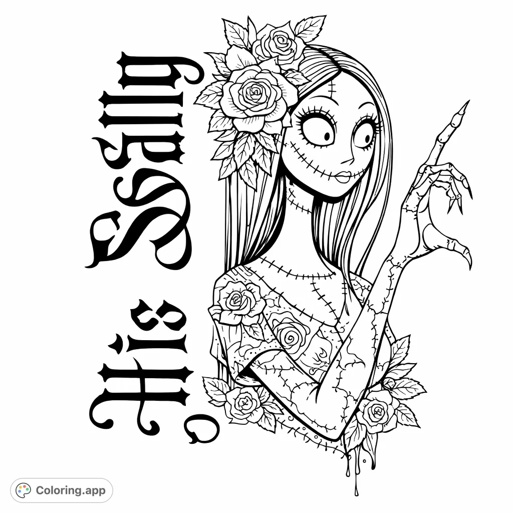 An intricate stitched character with large eyes, floral hair, and a patchwork dress, adorned with unique patterns. Perfect for fans of gothic fantasy art.
