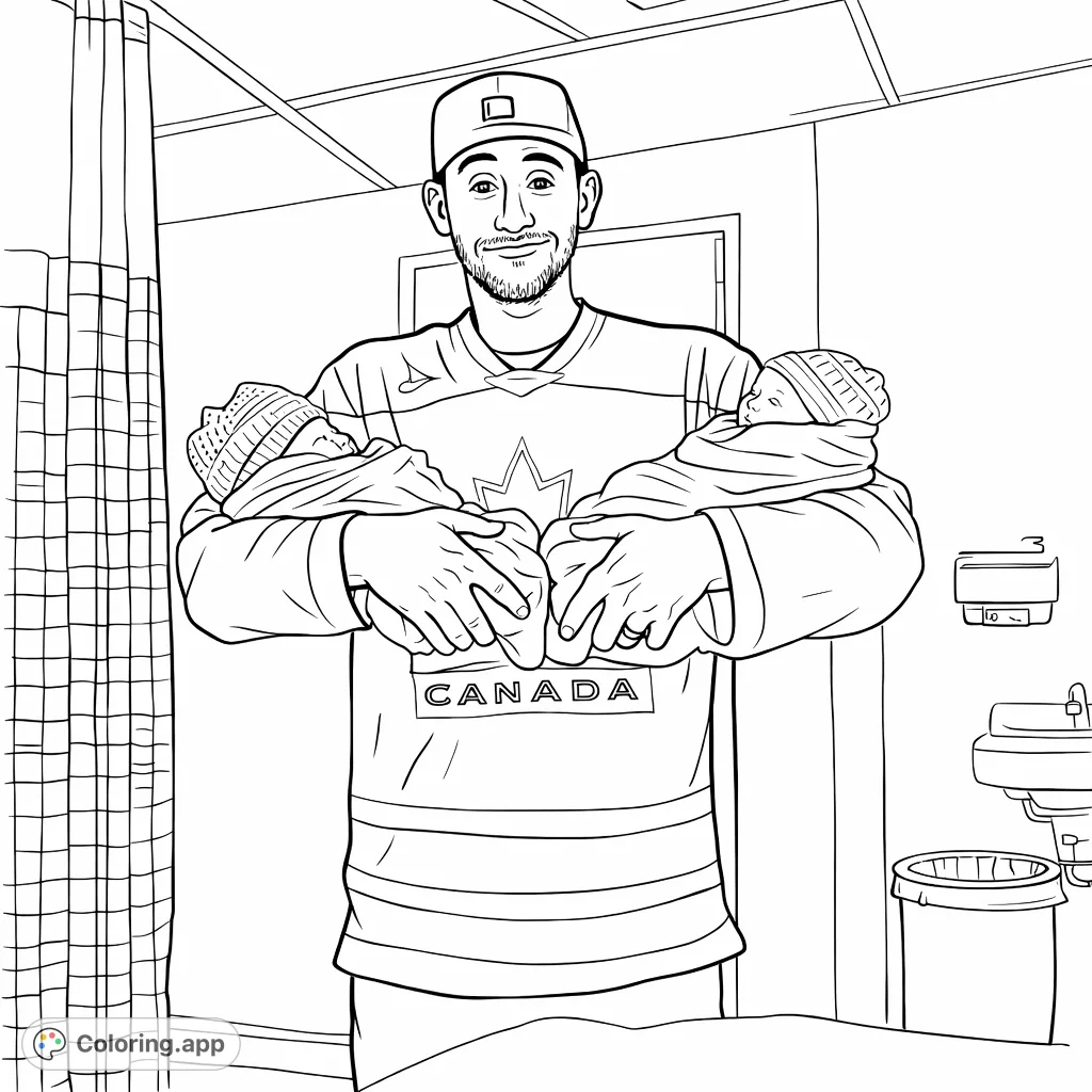 Celebrate new beginnings with this detailed coloring page featuring a proud dad holding his two precious newborn twins in a hospital room setting.