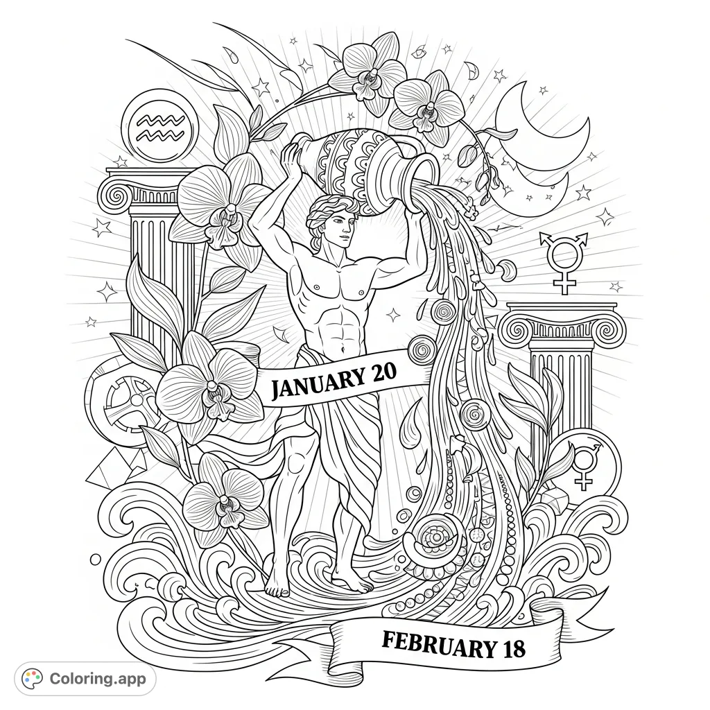 A detailed Aquarius coloring page featuring the Water Bearer, dates, symbolic water flow of wisdom and innovation, ornate orchids, and elements of strength.