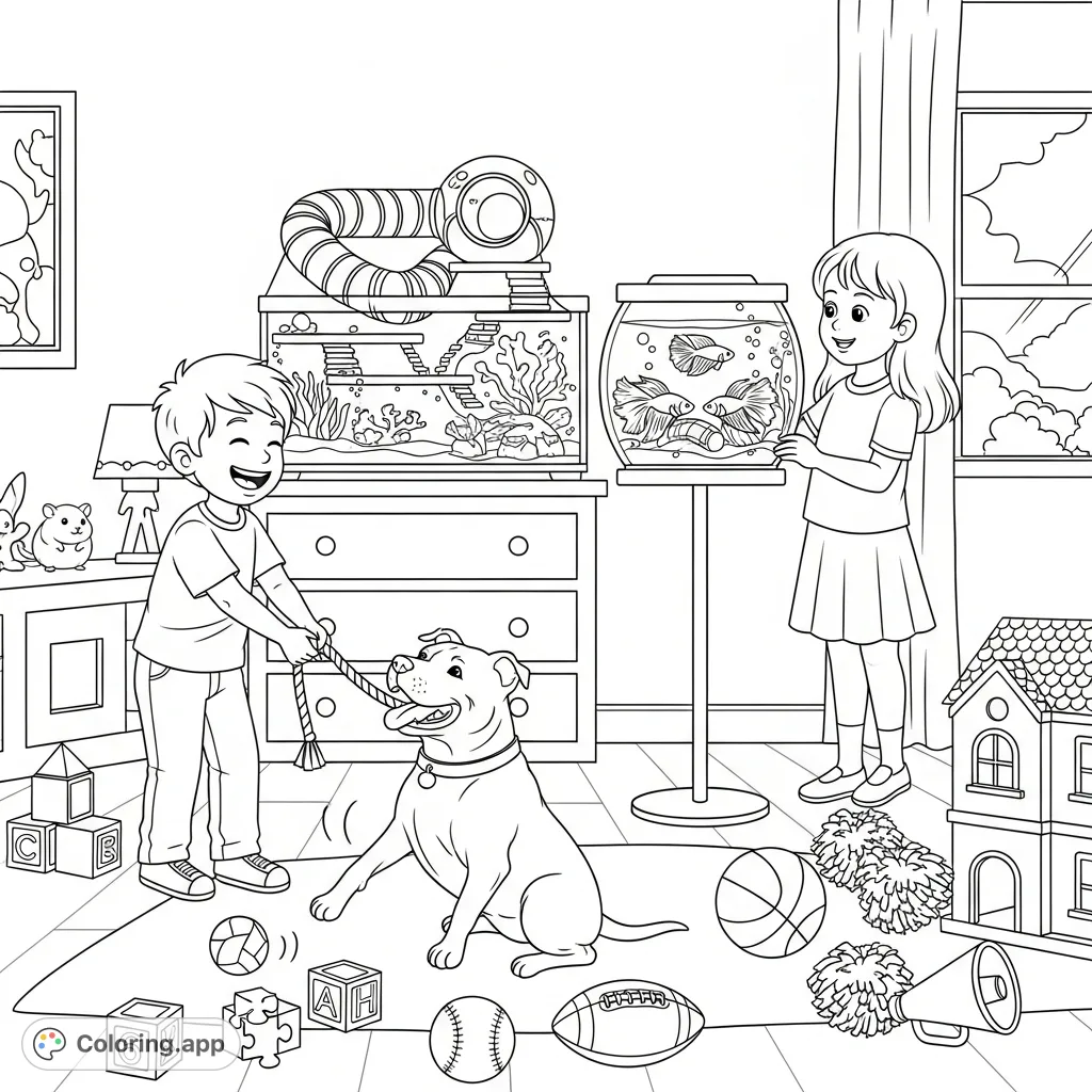 A delightful playroom scene featuring a brother playing with a cheerful pitbull, a sister watching betta fish, and a detailed hamster habitat. Packed with toys!