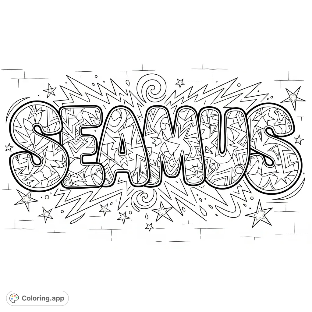 Unleash your creativity with this dynamic SEAMUS graffiti coloring page featuring bold bubble letters, intricate geometric patterns, and urban-inspired details.