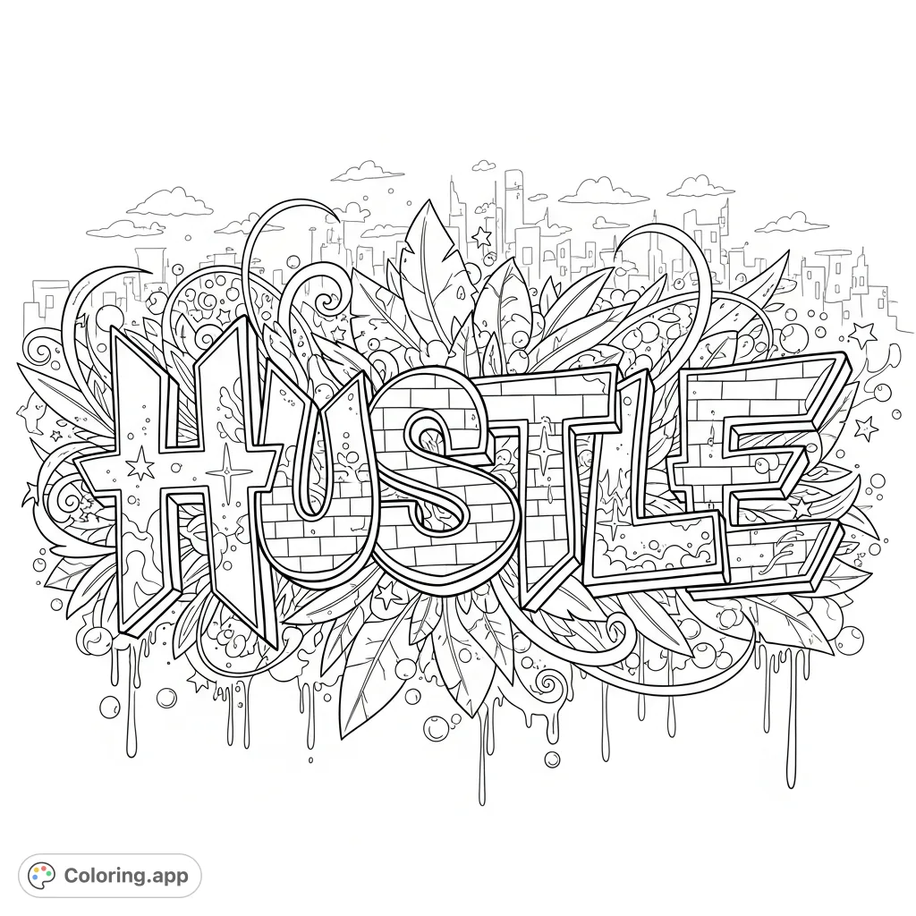 Dynamic "HUSTLE" graffiti dominates an urban scene. Intricate patterns, swirling lines, and city elements create a detailed, energetic street art coloring page.