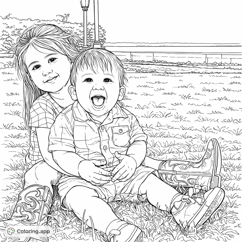 Capture the heartwarming bond of two cheerful siblings enjoying time outdoors. A delightful scene with expressive faces, perfect for a heartwarming coloring experience.