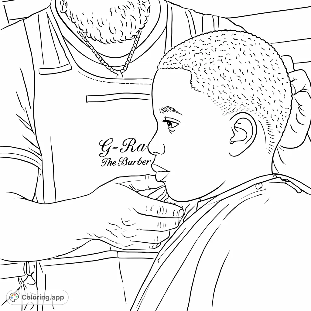 A thoughtful child gets a fresh trim at the barbershop, captured in a detailed scene. Perfect for aspiring barbers and those who love salon moments.