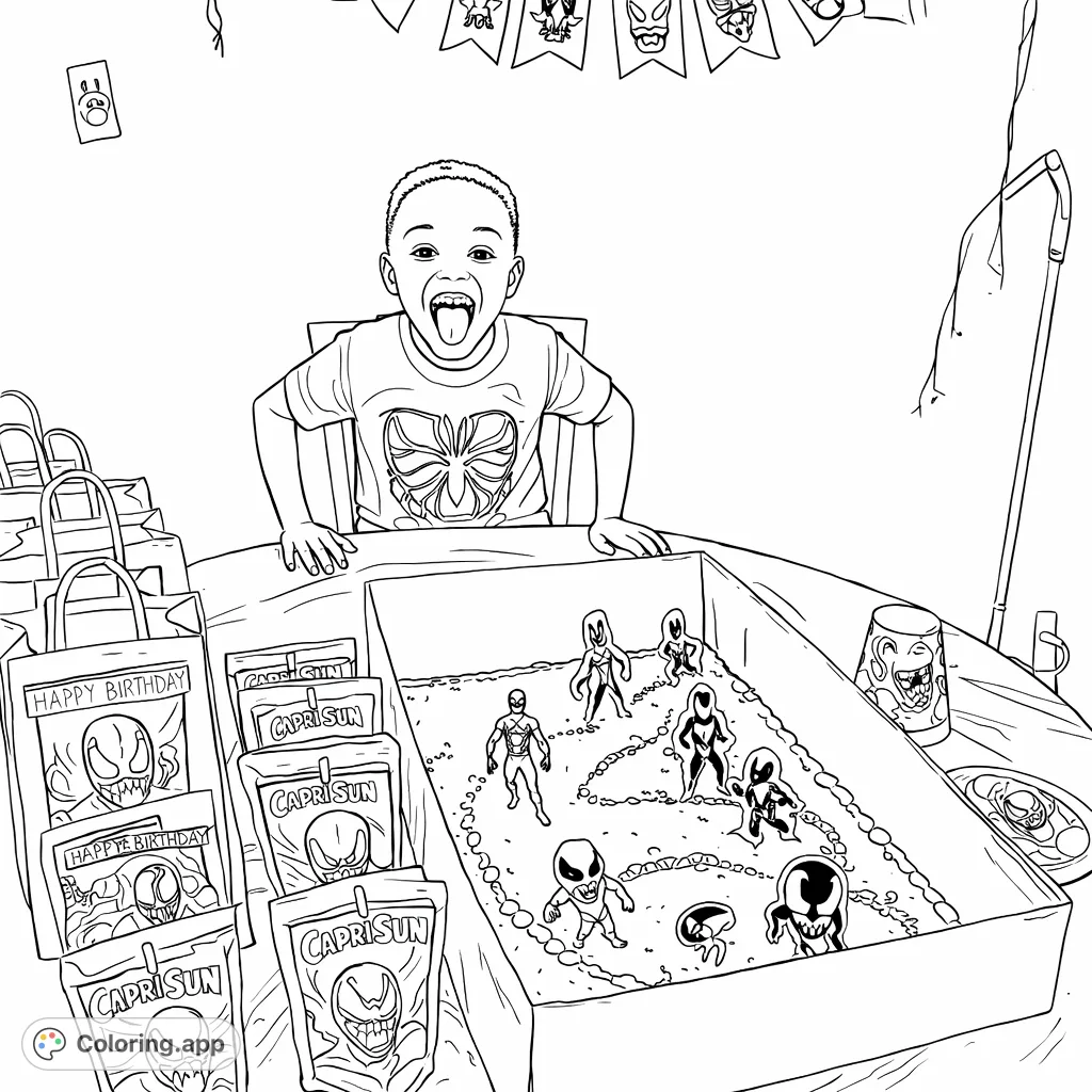 Birthday Boy with Character Cake - Coloring.app
