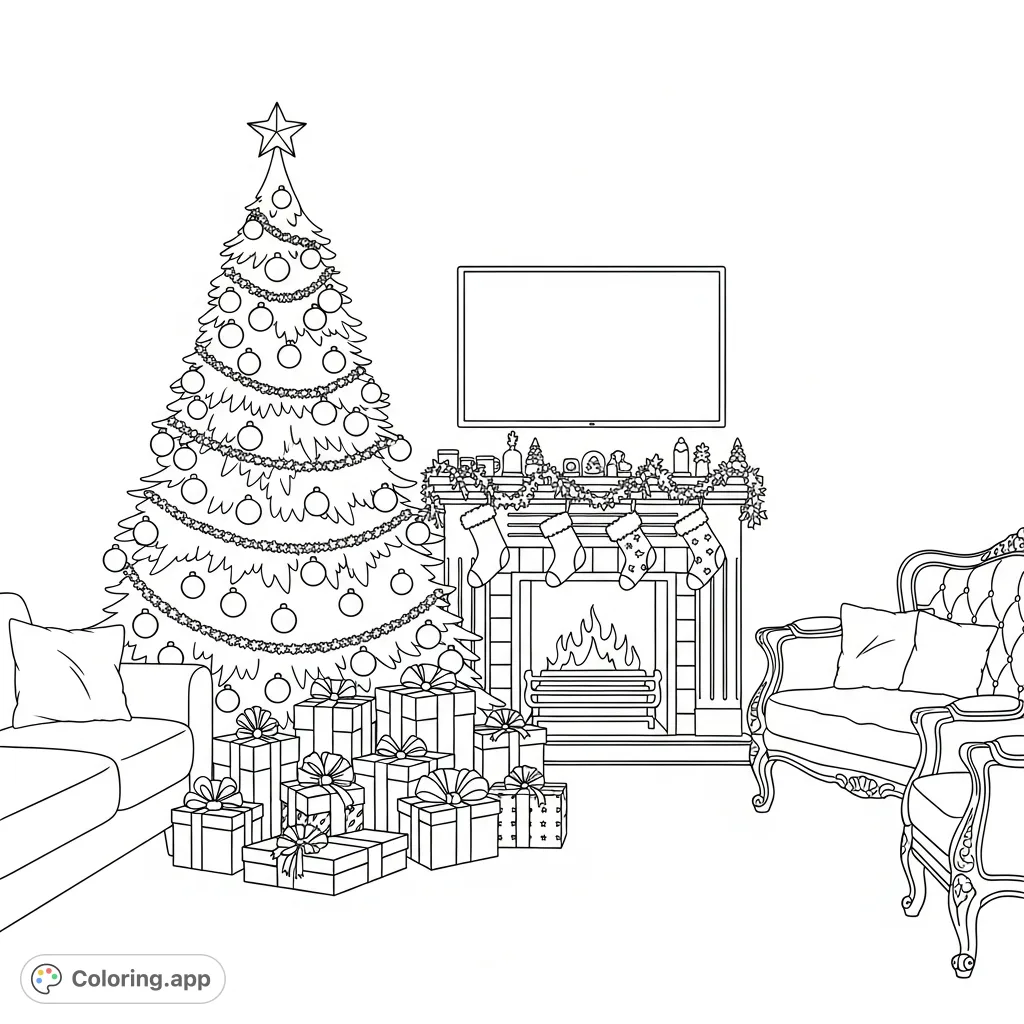 Immerse yourself in the holiday spirit with a detailed Christmas scene featuring a decorated tree, stacked presents, a cozy fireplace, and comfortable furniture.